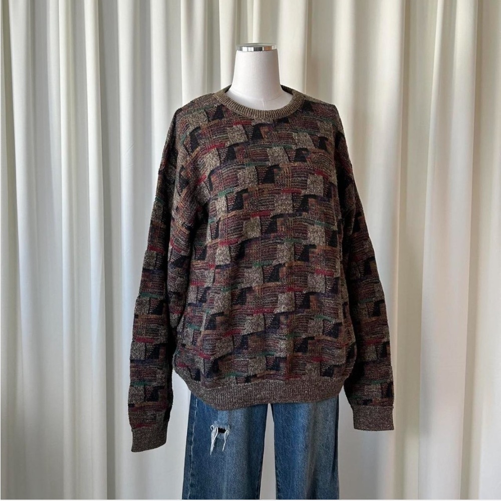 Vintage 90s Coogi Style Textured Knit Sweater Earth Tone Grandpa. - Picture 3 of 8